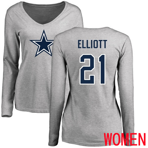 Women Dallas Cowboys Ash Ezekiel Elliott Name and Number Logo Slim Fit #21 Long Sleeve Nike NFL T Shirt->women nfl jersey->Women Jersey